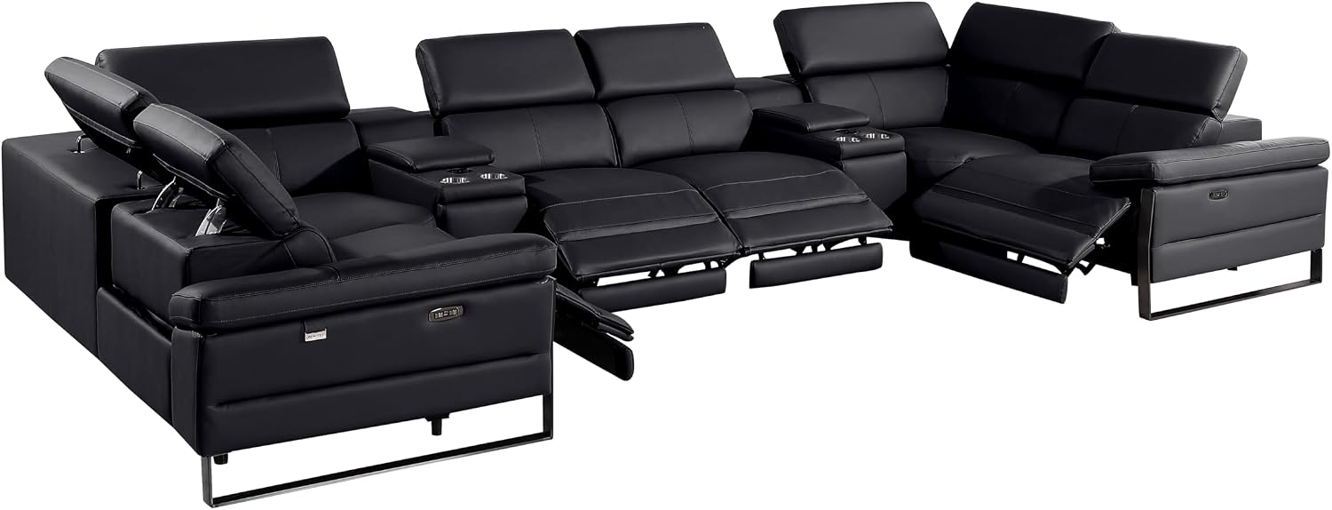 BlackJack Furniture Antonio 8 Piece U Shaped Power Reclining Sectional Sofa, Modular Couch with Top Grain Italian Leather, 4 Electric Recliners, USB & Wireless Chargers, Storage Console, Black