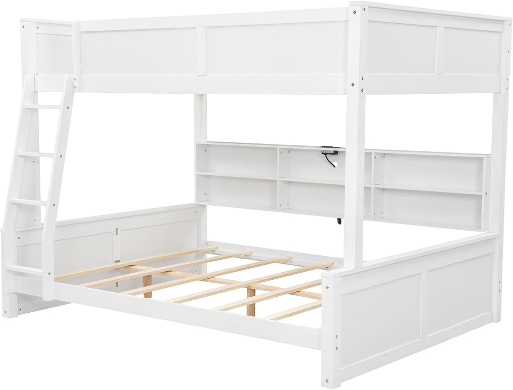 RUNNA Twin XL Over Queen Bunk Bed with Storage Cabinets and USB Ports, Solid Pine Wood Frame, Safety Guard Rails, No Box Spring Needed (Antique White1, Twin XL Over Queen)
