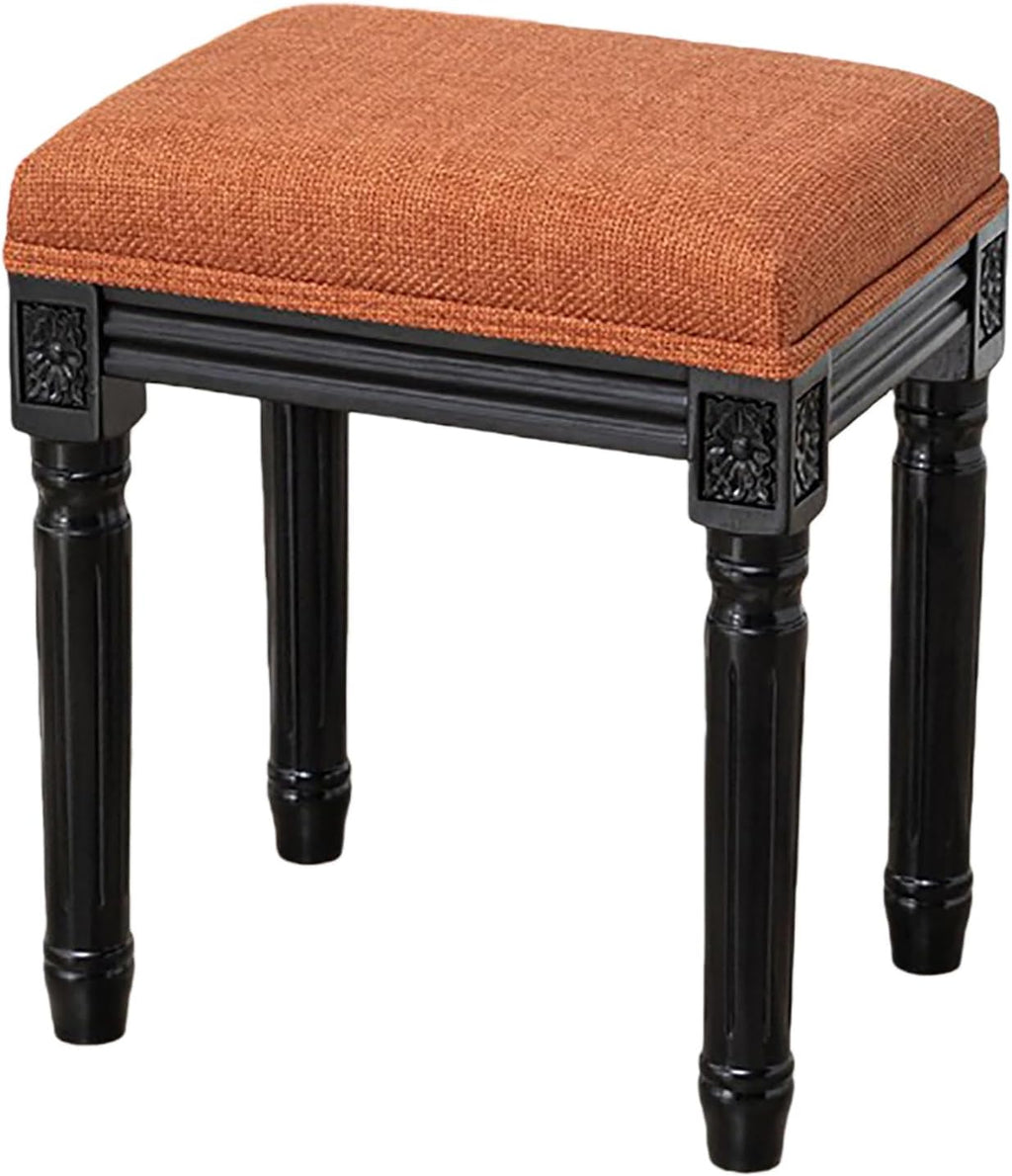 Upholstered Vanity Stool with Carved Dressing Makeup Bench with Solid Wood Legs Multi-Functional and Comfy Retro Bench Piano Seat for Bedroom, Bathroom, Vanity Table,Orange