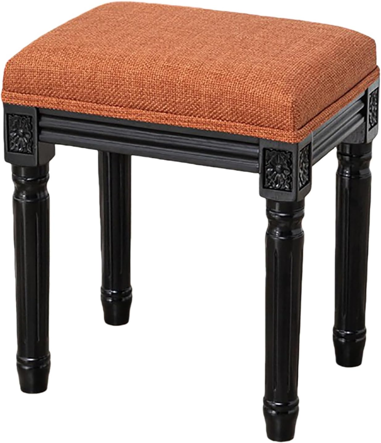 Upholstered Vanity Stool with Carved Dressing Makeup Bench with Solid Wood Legs Multi-Functional and Comfy Retro Bench Piano Seat for Bedroom, Bathroom, Vanity Table,Orange
