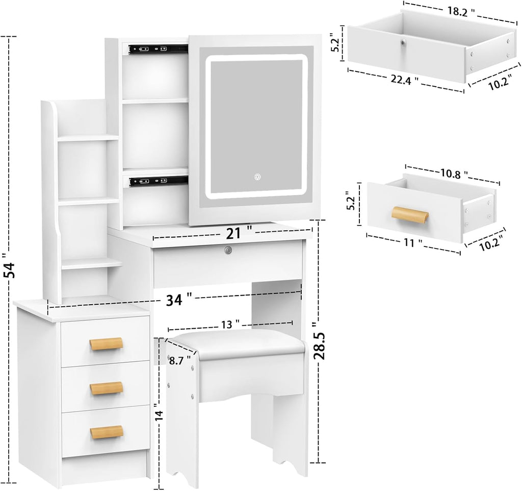 Vanity Desk with Mirror and Lights,Makeup Vanity Desk with Lights 3 Colors,Vanity with 4 Drawers,6 Shelves,Vanity Table Set with Bench for Bedroom,Dressing Table and Chair Set for Women Girls (White)