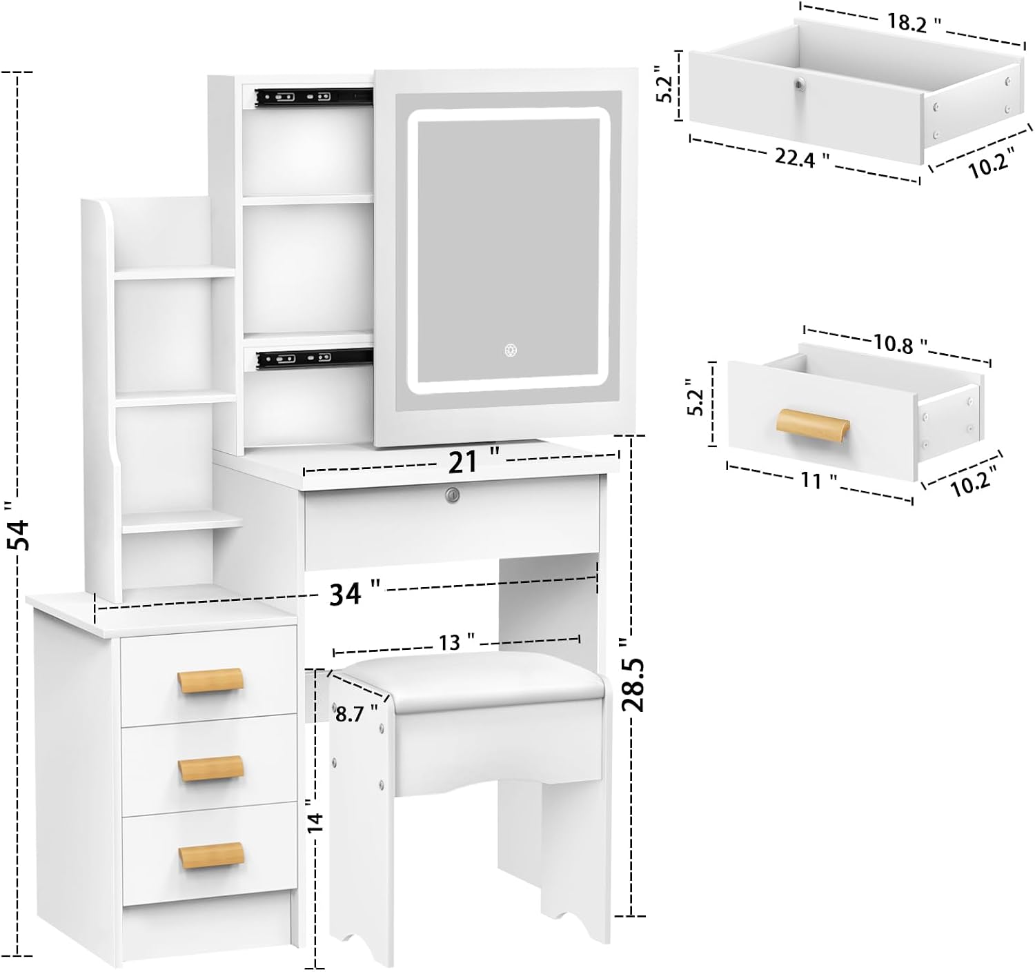 Vanity Desk with Mirror and Lights,Makeup Vanity Desk with Lights 3 Colors,Vanity with 4 Drawers,6 Shelves,Vanity Table Set with Bench for Bedroom,Dressing Table and Chair Set for Women Girls (White)