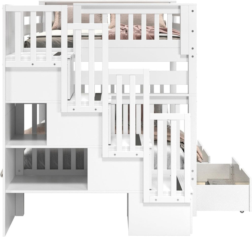 Bedz King Stairway Bunk Beds Full Over Full, 4 Step Drawers, 2 Storage Drawers, White