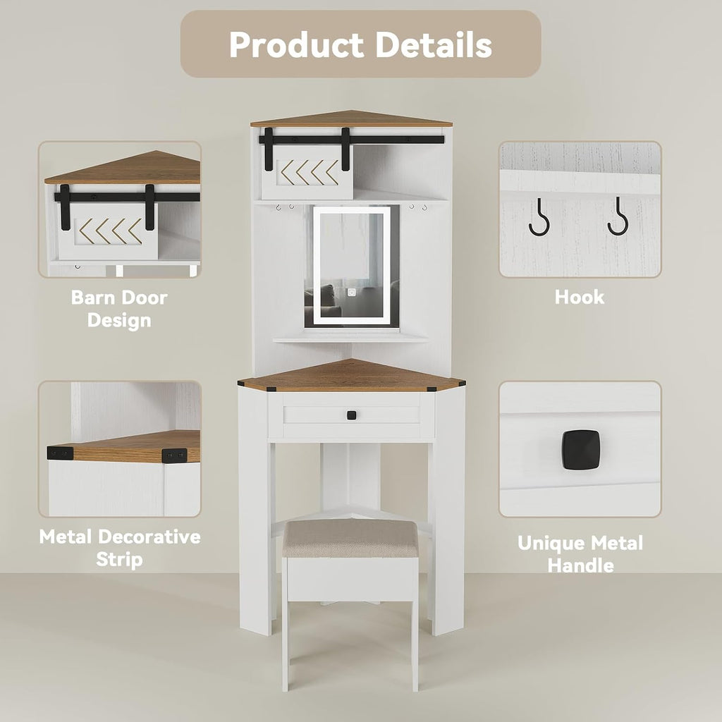 ARTETHYS Small Vanity Desk Set with Lights and Mirror Makeup Vanities with Drawers for Corner Space White Farmhouse Make up Dressing Table with Storage Stool for Bedroom