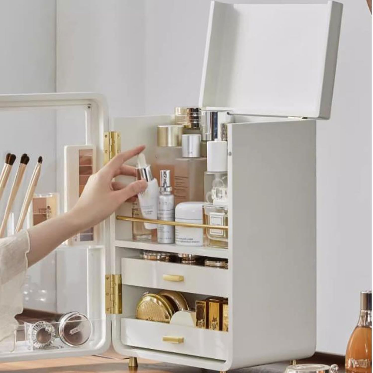 Makeup Organizer Solid Wood Makeup Storage Organizer Box Cabinet，Cosmetics storage display rack with Doors and Drawers，Dustproof, Elegant Display Cabinet，Suitable for Bathroom Countertop, Bedroom Dres