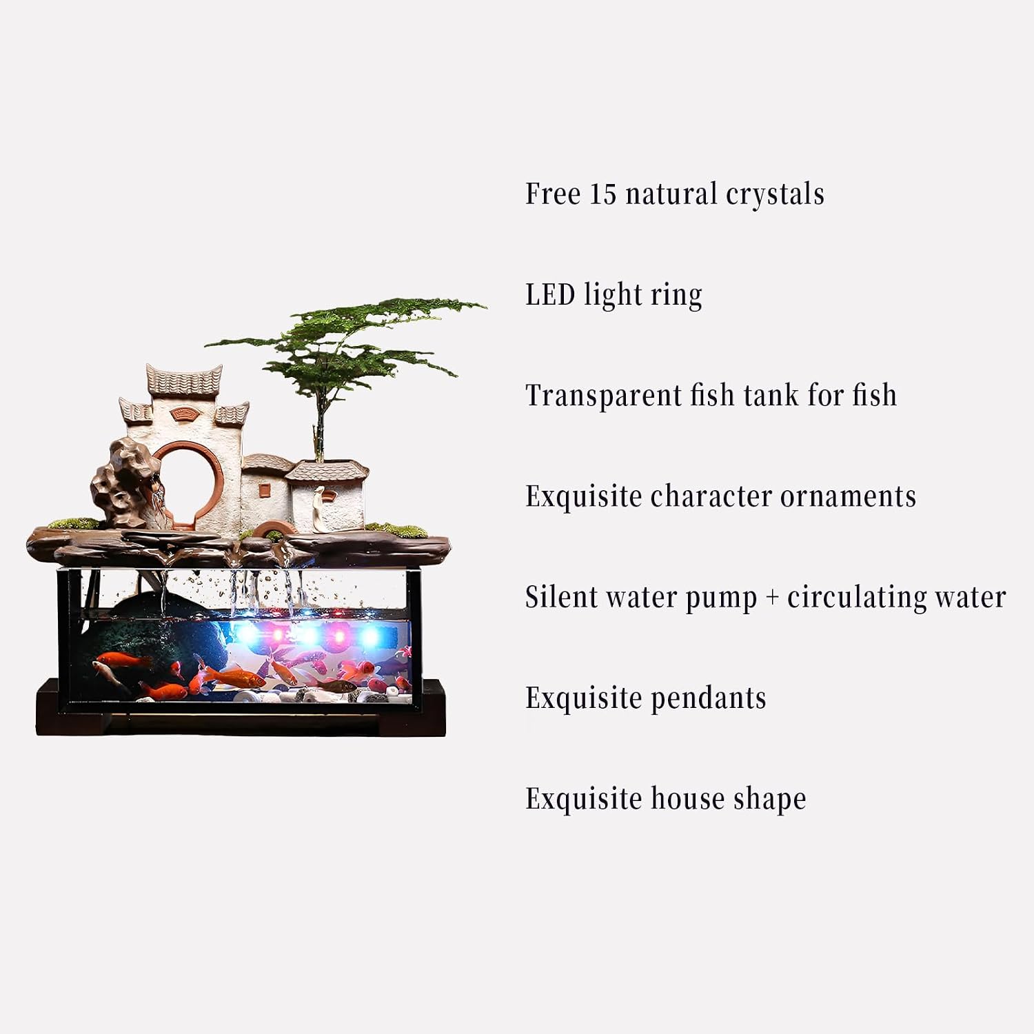 Desktop Ceramic Water Fountain Fish Tank - Adjustable Water Flow with LED Lights | Indoor Decoration Fortune Gifts+15 PCS Free Crystals (Style 6)