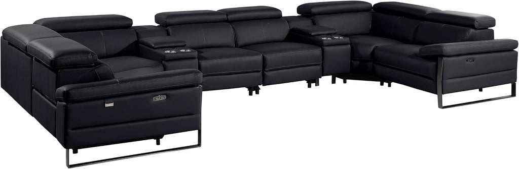 BlackJack Furniture Antonio 8 Piece U Shaped Power Reclining Sectional Sofa, Modular Couch with Top Grain Italian Leather, 4 Electric Recliners, USB & Wireless Chargers, Storage Console, Black