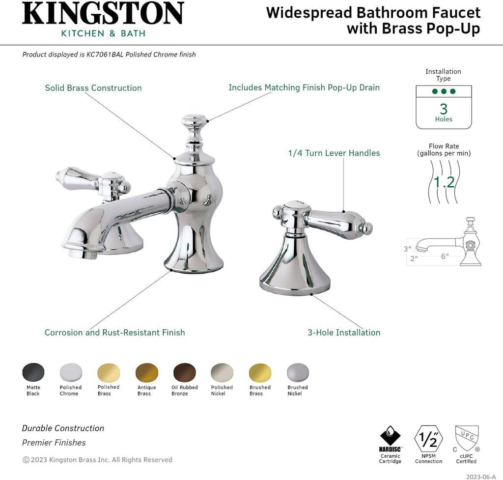 Kingston Brass KC7061BAL Widespread Lavatory Faucet with Brass Pop-Up, 5-5/8 inch In Spout Reach, Polished Chrome