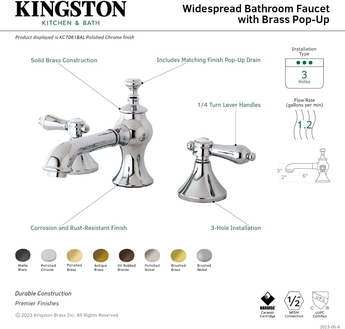 Kingston Brass KC7061BAL Widespread Lavatory Faucet with Brass Pop-Up, 5-5/8 inch In Spout Reach, Polished Chrome