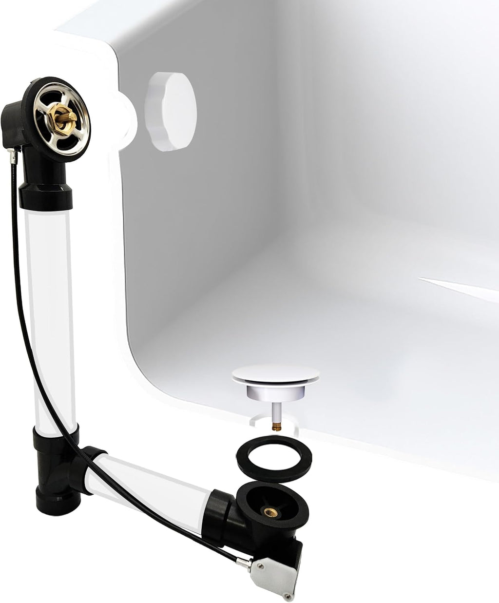 Westbrass D50A27-50 27' Cable Drive Standard Bath Drain Trim Kit with Rotary Overflow Cover Knob, Pop-Up Stopper and Sch. 40 ABS Fittings, Powder Coat White (4-Pack)