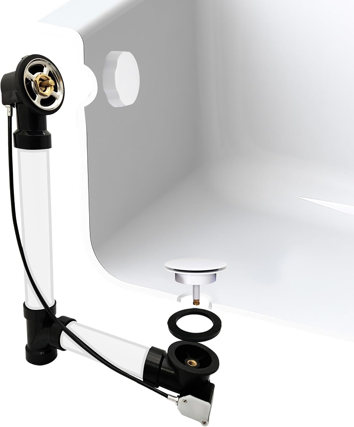 Westbrass A50A35-50 35' SCH. 40 ABS Cable Driven Bath Drain Trim Kit with Rotary Overflow Cover Knob and Pop-Up Stopper, White