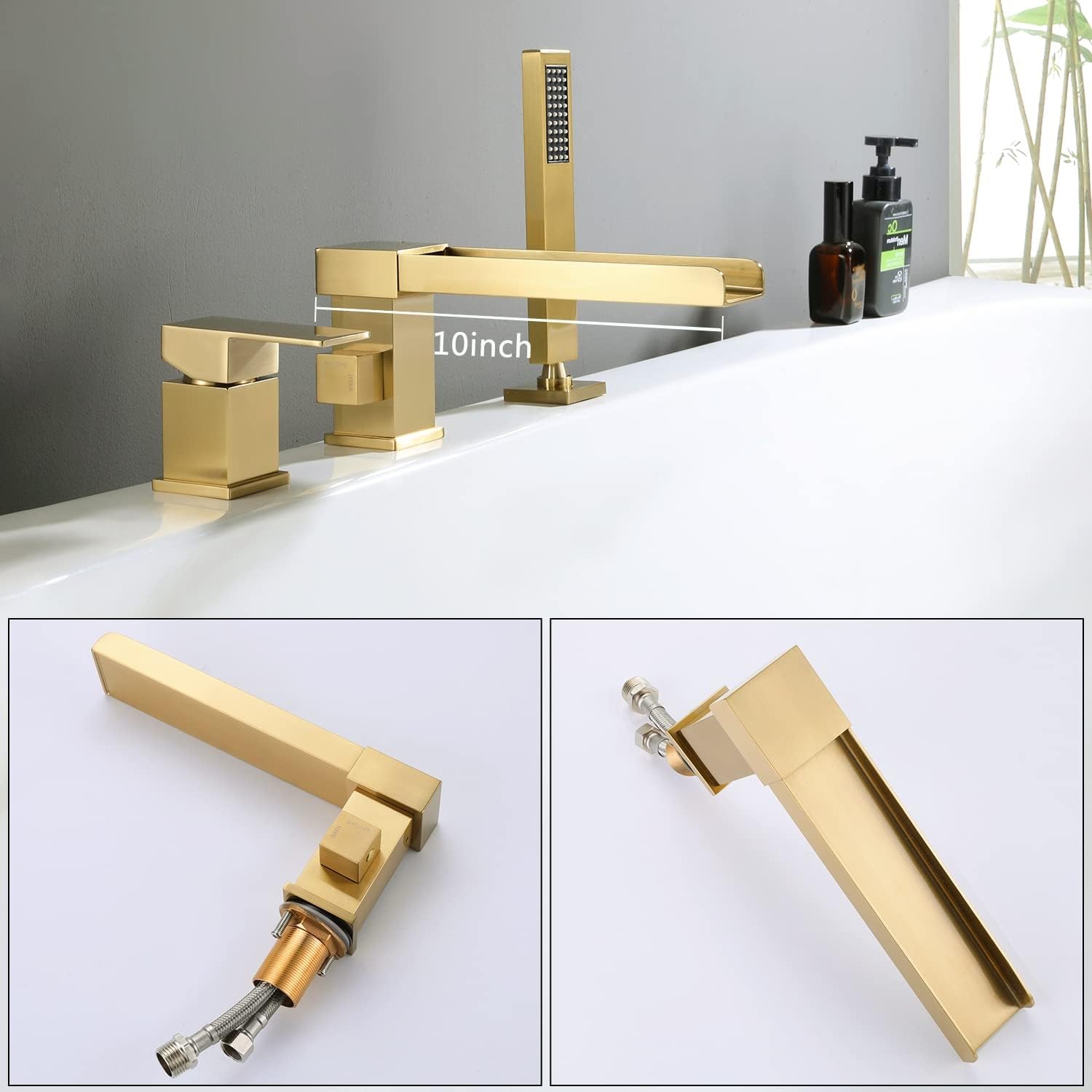 Waterfall Roman Tub Faucet with Hand Shower, Brass Bathtub Faucet Deck Mount Tub Filler Faucets with Sprayer Brushed Gold