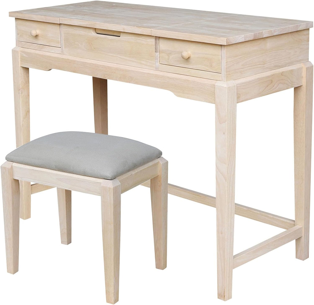 Solid Wood Vanity Table With Bench, Unfinished