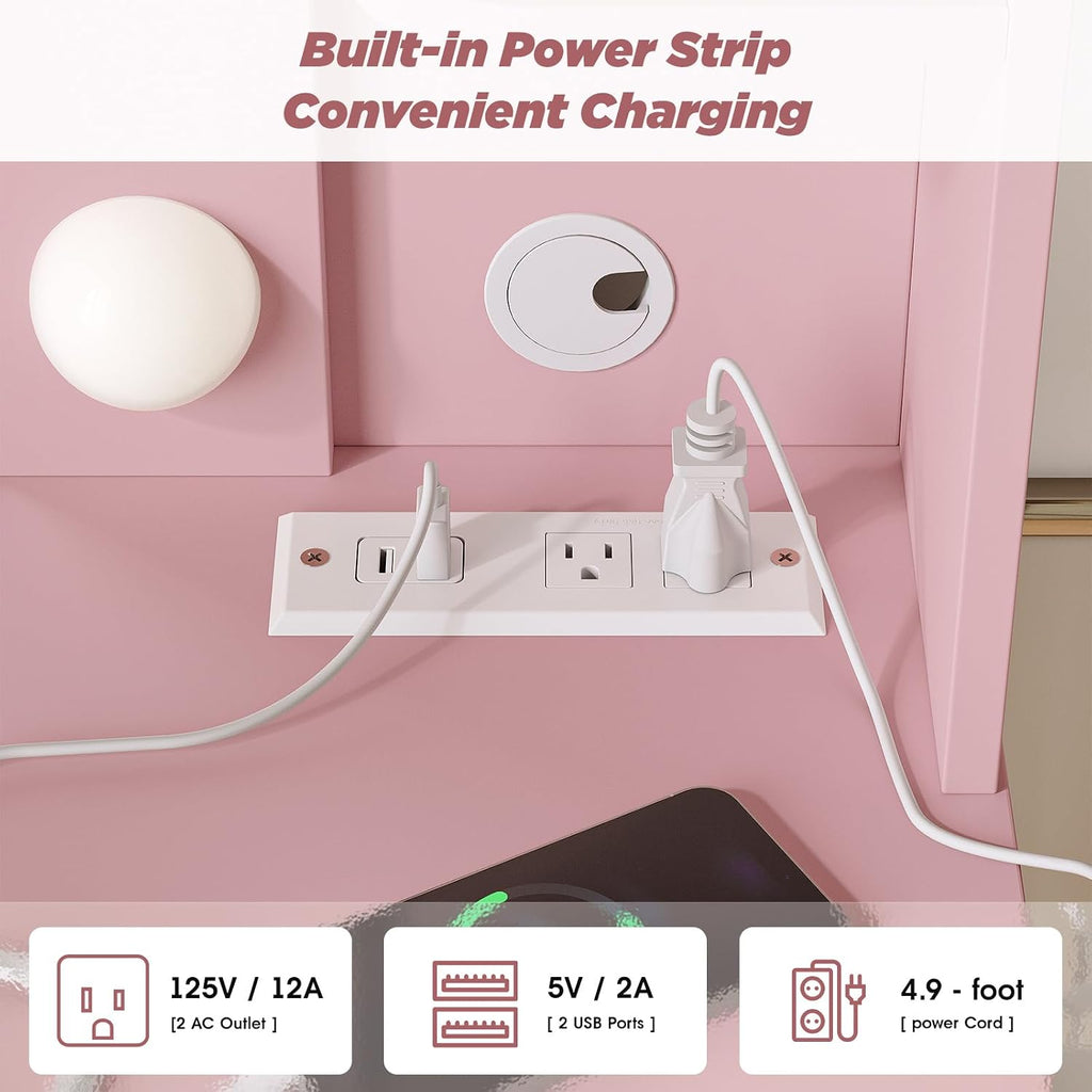Vabches Vanity Desk with Lights,Makeup Vanity with Power Strip,Dressing Table Set with 2 Large Drawers,Vanity Mirror 3 Lighting Color Adjustable,Pink