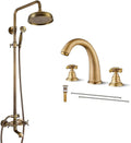 gotonovo Antique Brass Shower Fixture 8' Rainfall Shower Head Handheld Spray Dual Knobs 3 Function Antique Brass 8' Widespread Bathroom Faucet 3 Hole 2 Cross Handle Pop Up Drain with Overflow