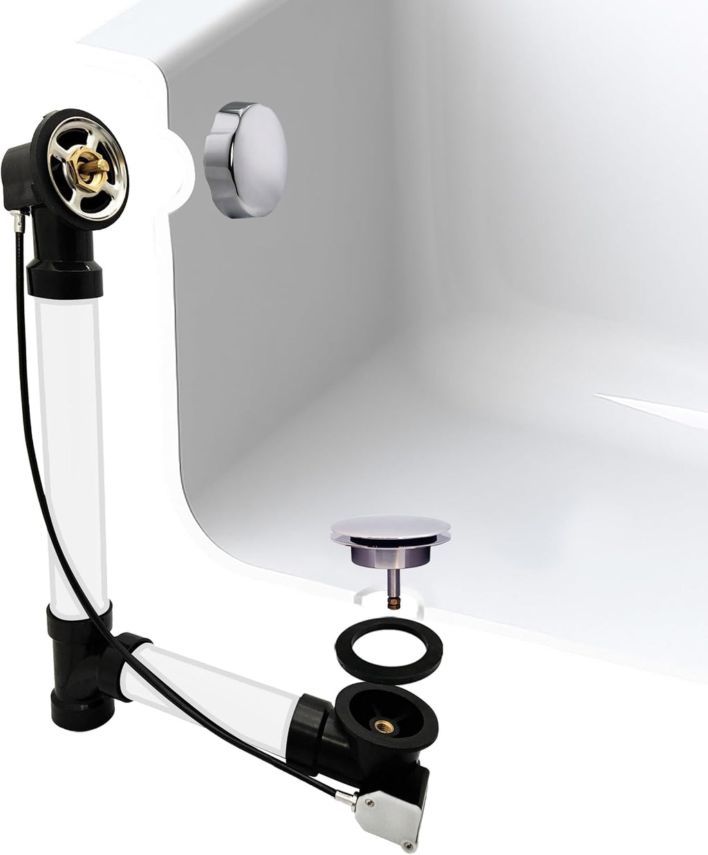 Westbrass A50A35-26 35' SCH. 40 ABS Cable Driven Bath Drain Trim Kit with Rotary Overflow Cover Knob and Pop-Up Stopper, Polished Chrome