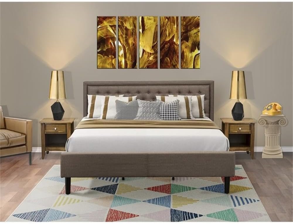 East West Furniture KD18K-2GA08 3 Piece King Bed Set - 1 King Bed Frame Brown Linen Fabric Padded and Button Tufted Headboard with 2 nightstands Bedroom - Antique Walnut Finish Nightstand