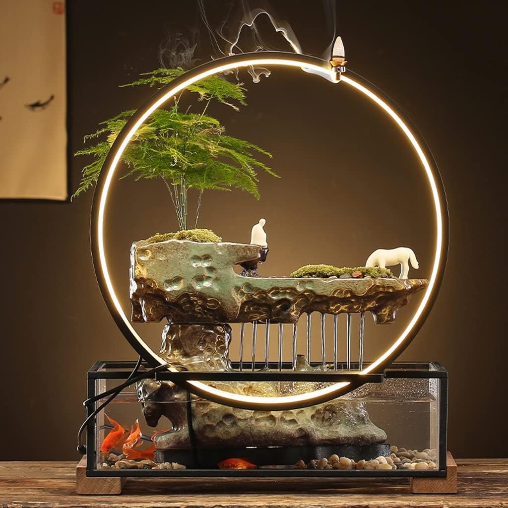 Waterfall Tabletop Fountain Flowing Water Lucky Ornament with Glass Aquarium and Lamp Ring Home Office Tabletop Decoration Indoor Fountain (Color : C)