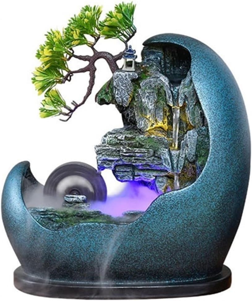 Tabletop Water Fountain Tabletop Waterfall Fountain – Adjustable Pump or Faux Bonsai Tree, Resin Indoor Desk Fountain Décor Office Relaxation Meditation Fountain(Blue)