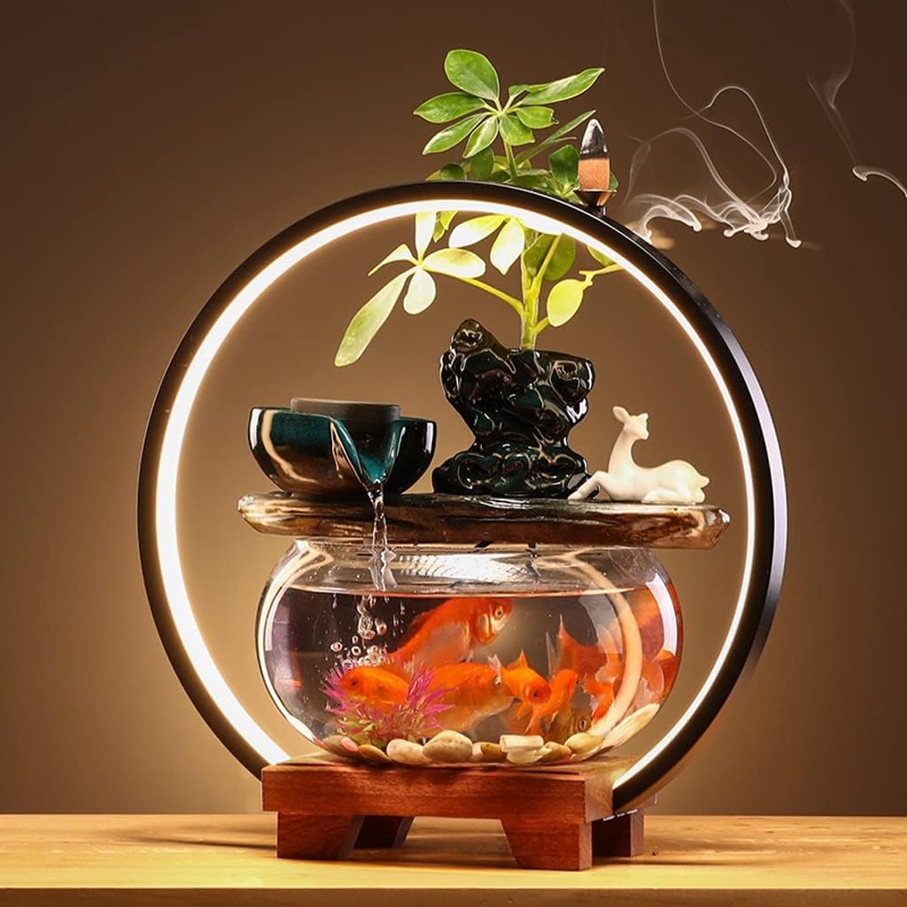 House Decorative Items Tabletop Fountain Waterfall Fountain with Lamp Circle and Fish Tank Office Home Decoration Tabletop Flowing Water Decoration Tabletop W,A