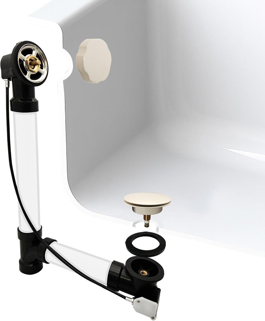 Westbrass A50A35-65 35' SCH. 40 ABS Cable Driven Bath Drain Trim Kit with Rotary Overflow Cover Knob and Pop-Up Stopper, Biscuit