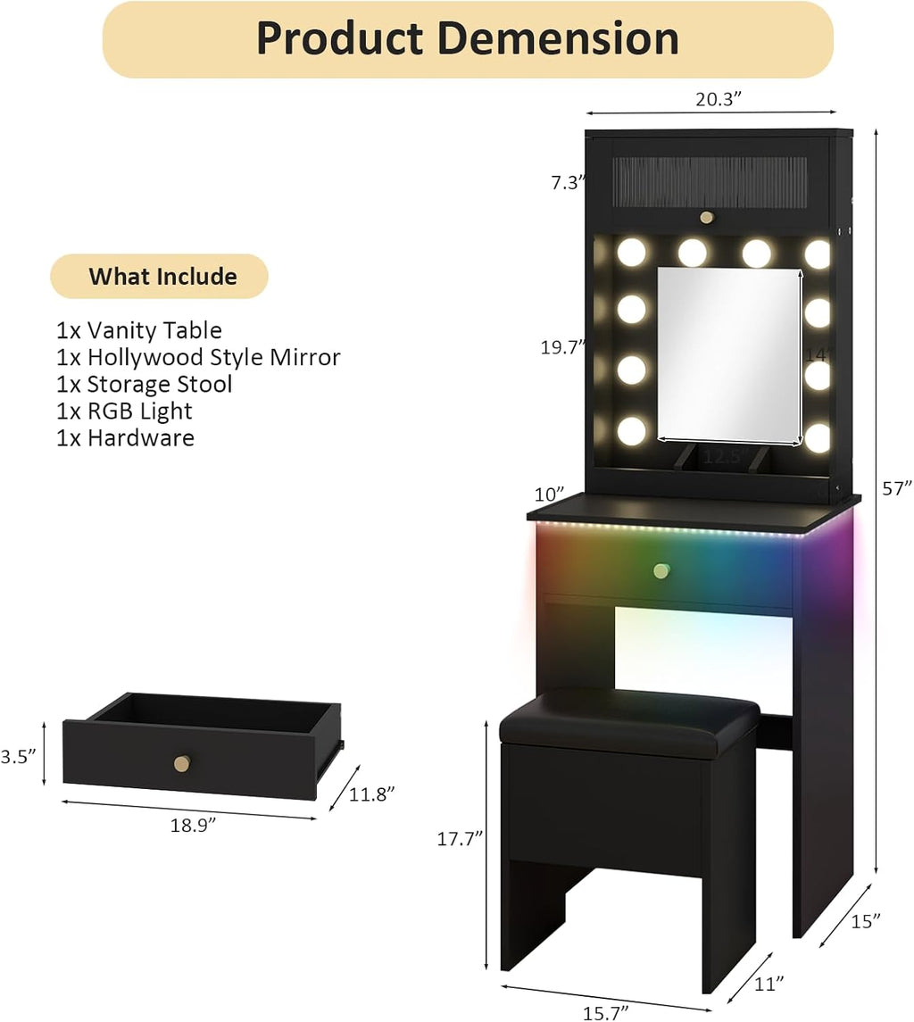 ARTETHYS Small Vanity Desk with Mirror and Lights Black Small Makeup Vanity with Storage Chair Mini Makeup Table Set for Bedroom Compact Dressing Table with RGB Lights for Tiny Space