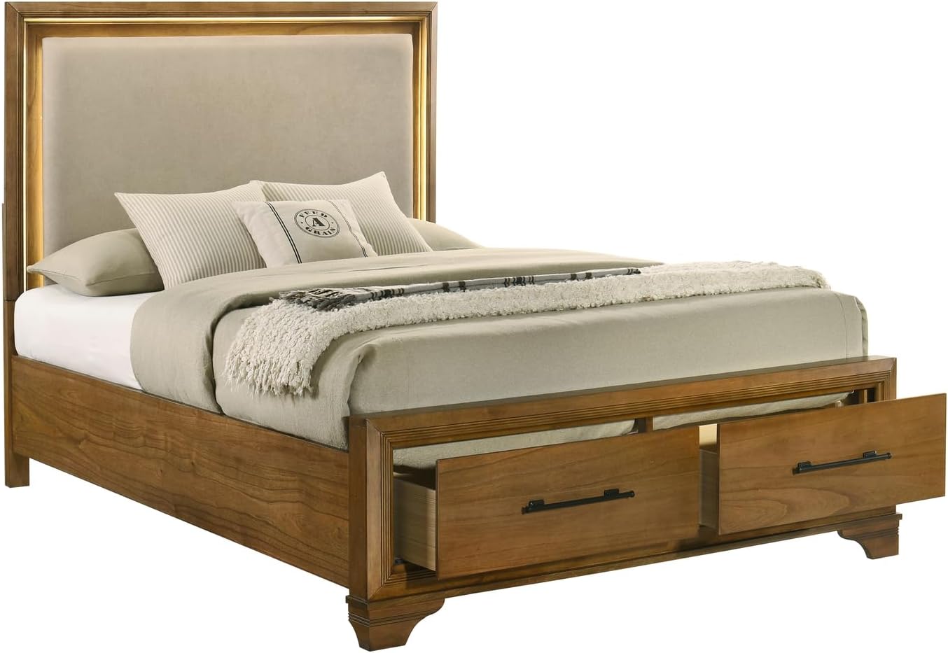 HomeStock Honey Brown Wood Bedroom Set 5 Piece - Platform Bed with Lighted Headboard & Storage Queen
