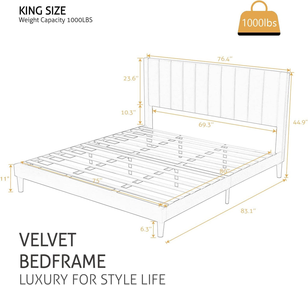 SHA CERLIN King Bed Frame/Velvet Upholstered Platform Bed Frame with Headboard/Strong Wood Slats Support/Mattress Foundation/No Box Spring Needed - Black