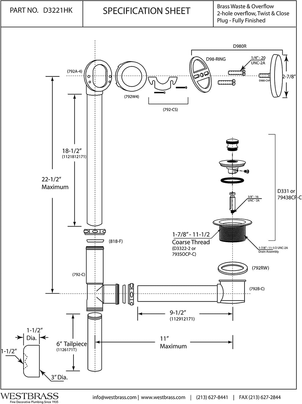 Westbrass 22-1/2' Twist & Close Bath Waste & Overflow with No-Hole Faceplate, Oil Rubbed Bronze, D3221HK-12