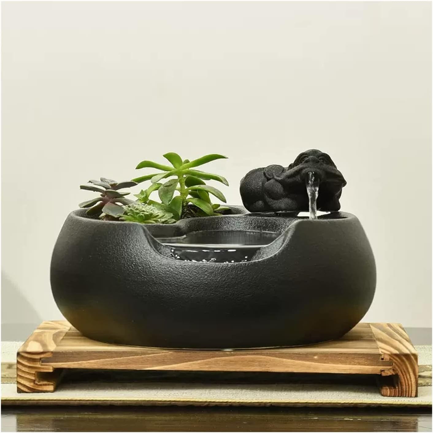 Tabletop Fountain Waterfall Ceramic Tabletop Fountain for Indoor and Outdoor Table Desk Office Patio Black Ceramic Fountain with Pumps and Wooden Base Indoor Waterfall Desktop Fountain (Color : B)