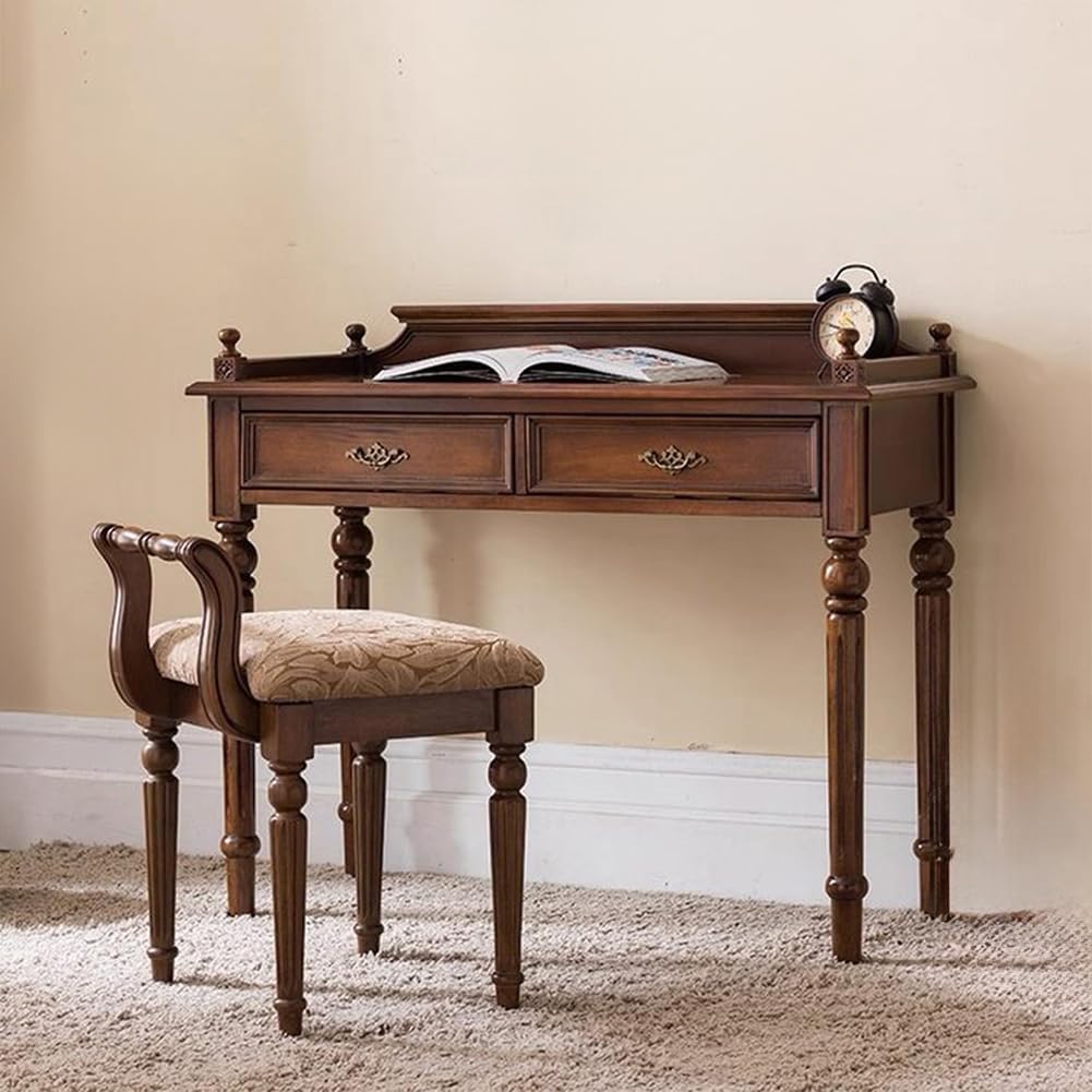 Vintage Vanity Stool, Solid Wood Vanity Bench Chair with Carved Legs, Low Back Piano Stool for Living Room Bedroom Makeup Room (Black)