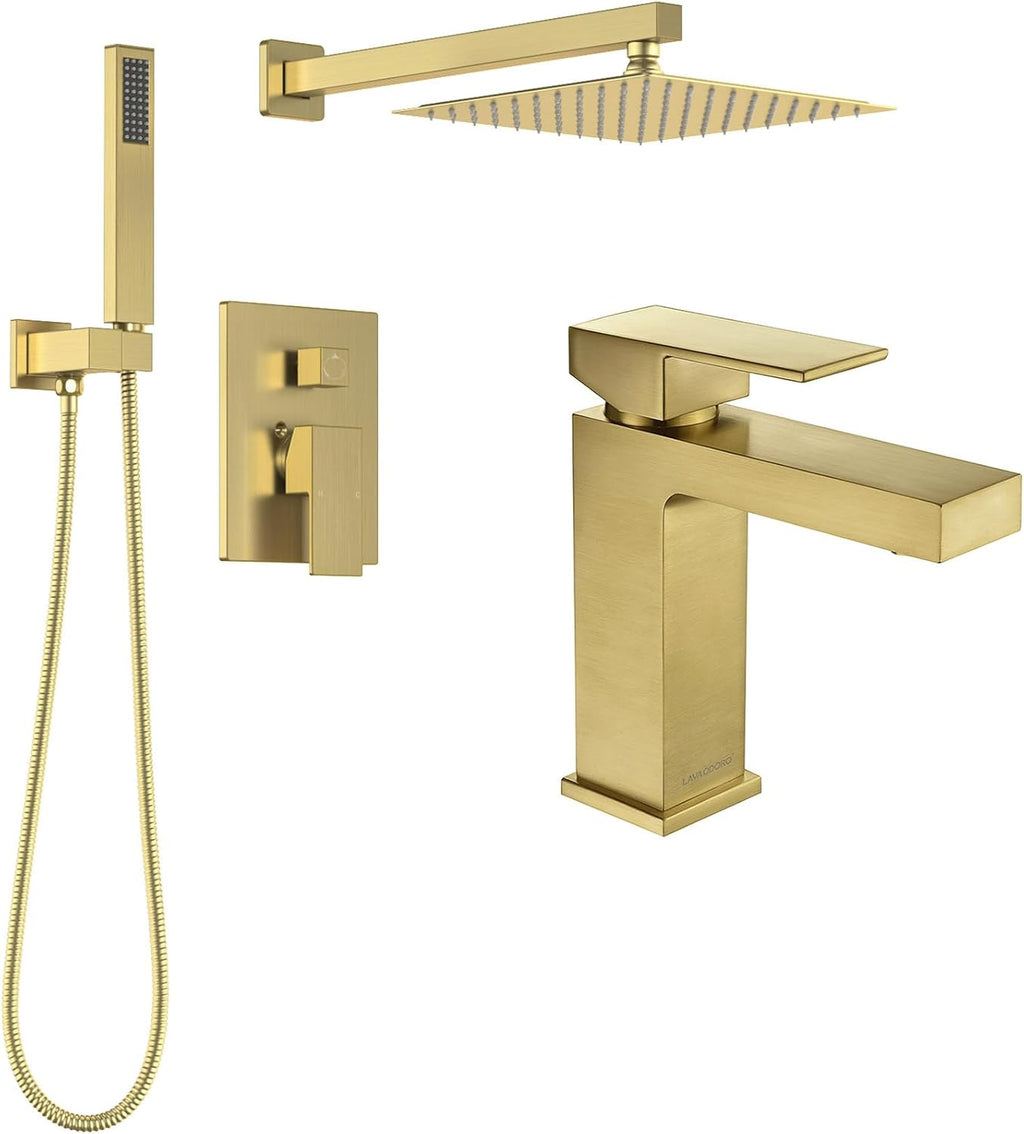 Lava Odoro 2-Setting Rainfall Shower Faucet Set and Bathroom Faucet Gold, Gold Shower Sytem with Rough-in Valve, Brushed Gold
