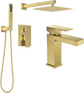 Lava Odoro 2-Setting Rainfall Shower Faucet Set and Bathroom Faucet Gold, Gold Shower Sytem with Rough-in Valve, Brushed Gold