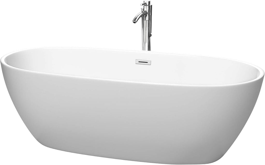 'Juno 71 Inch Freestanding Bathtub in Matte White with Floor Mounted Faucet, Drain and Overflow Trim in Polished Chrome'