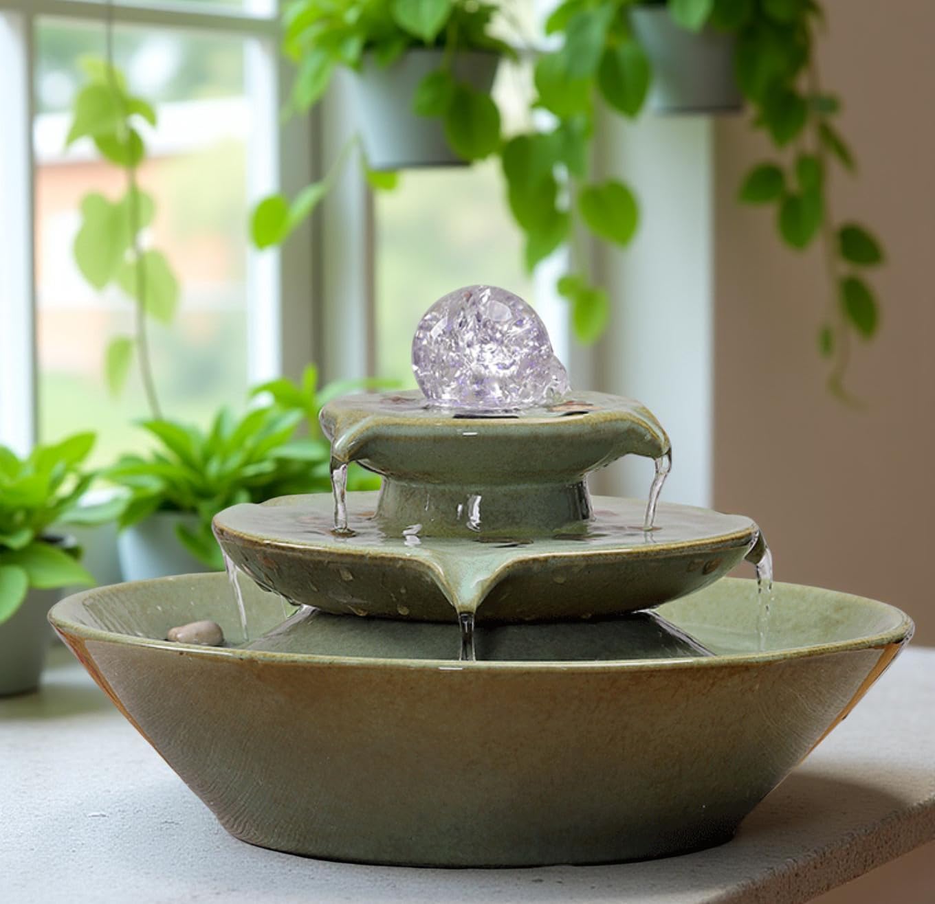 11.8' Indoor Tabletop Fountain, Ceramic Multi-Tier Waterfall with Crystal Ball & Fish Tank Feature, Free 10pcs Natural Crystals, Zen Home/Office/Entryway Decor, Housewarming Gift(Green)