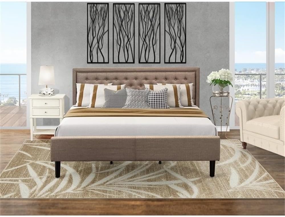 East West Furniture KD16K-1VL0C 2 Piece King Size Set-1 Bed Frames Brown Linen Fabric Padded and Button Tufted Headboard with 1 Small Wire Brushed Butter Cream Finish Nightstand