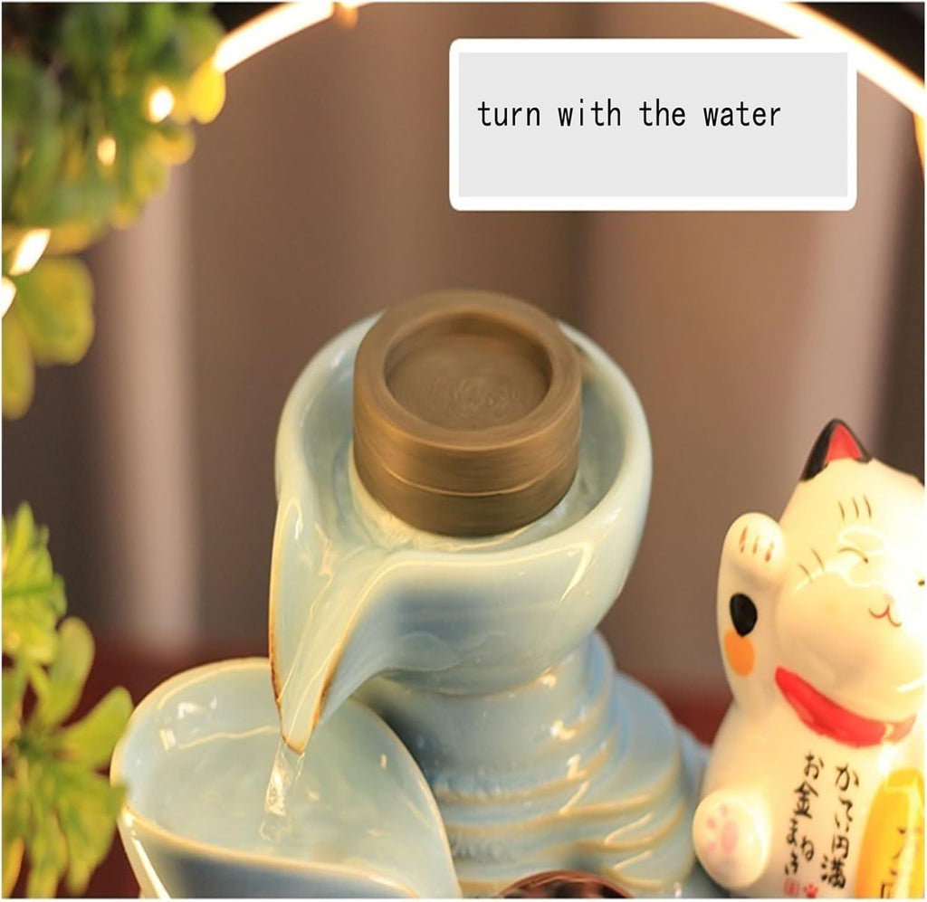 Desktop Fountain， Zen Garden Mini Fish Tank with Lucky Cat Fountain - New Office Desk Water Feature - Feng Shui Gift for Home and Business,Interior Decorations