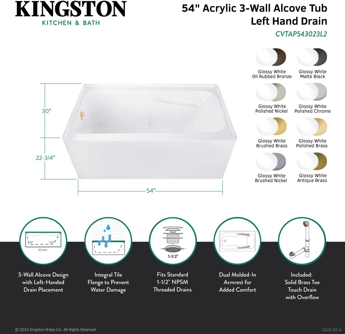 Aqua Eden CVTAP543023L5 54' Acrylic Rectangular 3-Wall Alcove Tub with Armrests, Left Hand Drain, Glossy White/Oil Rubbed Bronze
