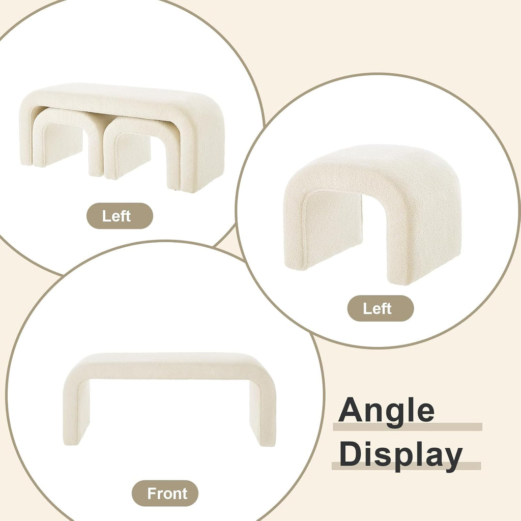 3-Piece Modern Ottoman Bench Set, 44' Wide Teddy Upholstered End of Bed Bench with 2 Foot Stools, Padded U-Shaped Entry Bench Vanity Stool for Living Room Bedroom (Cream)