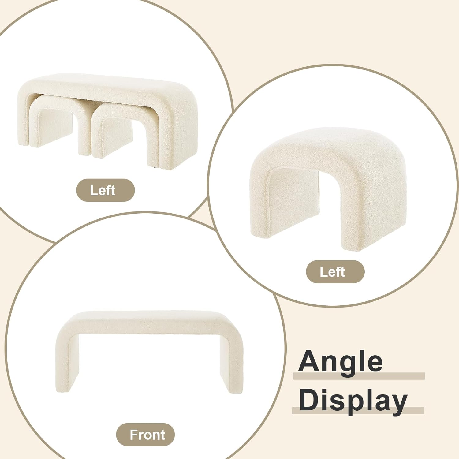 3-Piece Modern Ottoman Bench Set, 44' Wide Teddy Upholstered End of Bed Bench with 2 Foot Stools, Padded U-Shaped Entry Bench Vanity Stool for Living Room Bedroom (Cream)
