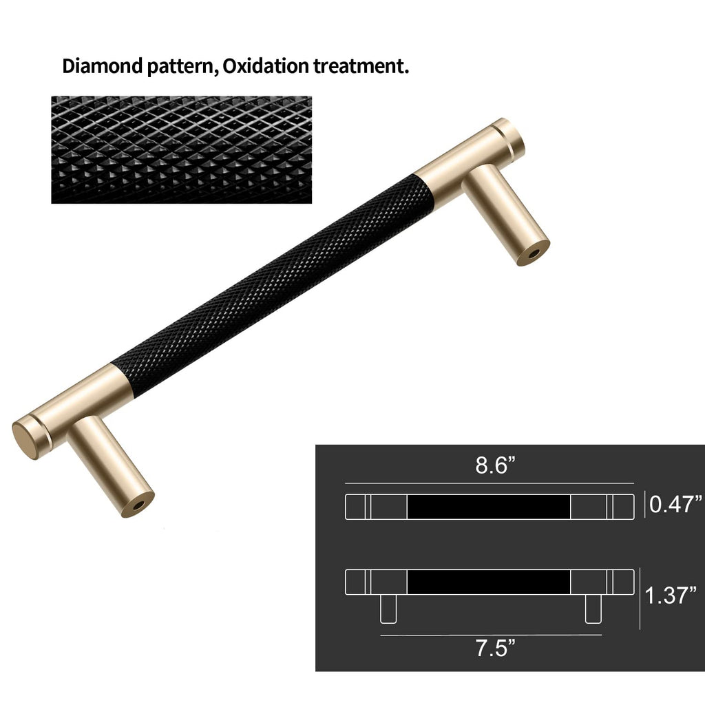 50 Pack 7 1/2 Inch 192 mm Bar Cabinet Pulls Gold and Black Knurled Handles for Brushed Gold Drawer Pulls Cupboard Aluminum Handles