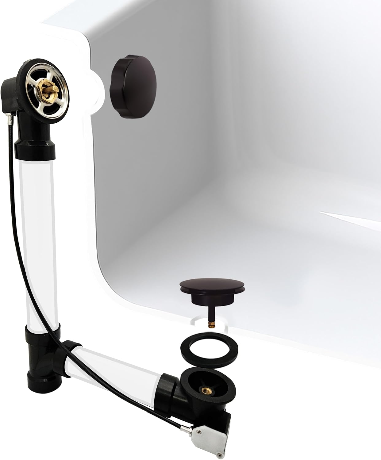 Westbrass A50A35-12 35' SCH. 40 ABS Cable Driven Bath Drain Trim Kit with Rotary Overflow Cover Knob and Pop-Up Stopper, Oil Rubbed Bronze