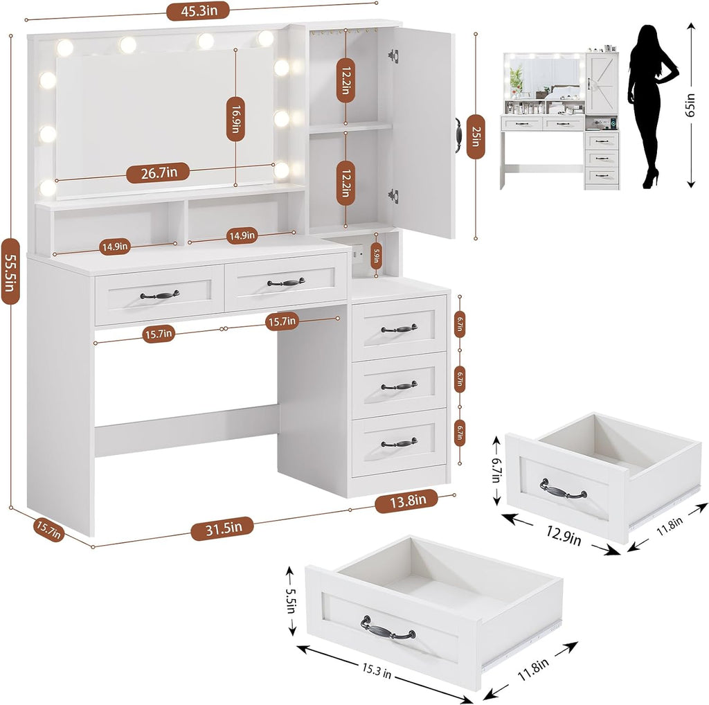 Farmhouse Makeup Vanity with Lighted Mirror, 45.3'' Vanity Desk with Charging Station, 5 Drawers & Open Shelves, Vanity Table Makeup Desk with 1 Cabinet & 9 Hooks for Bedroom (White)