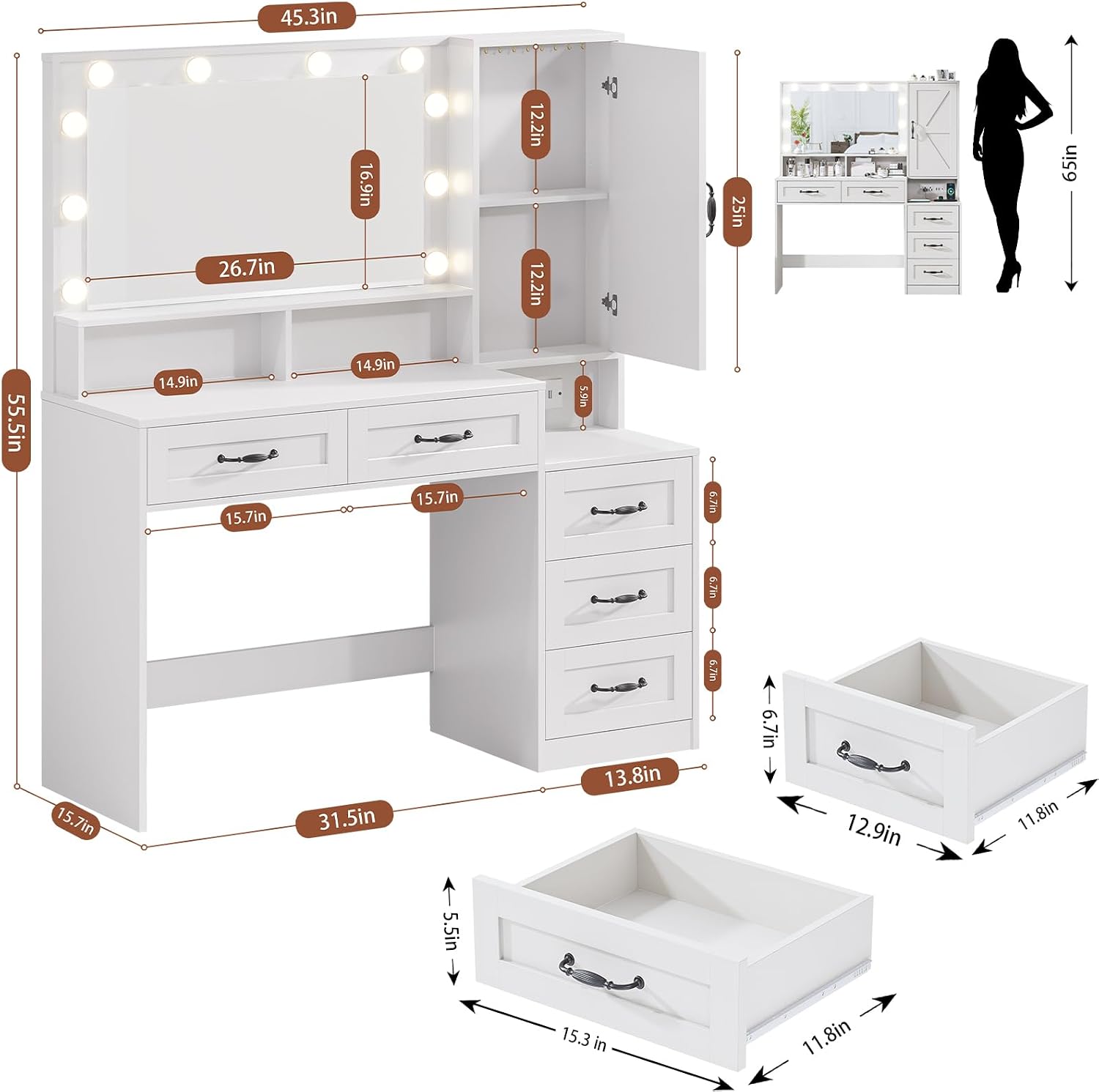 Farmhouse Makeup Vanity with Lighted Mirror, 45.3'' Vanity Desk with Charging Station, 5 Drawers & Open Shelves, Vanity Table Makeup Desk with 1 Cabinet & 9 Hooks for Bedroom (White)