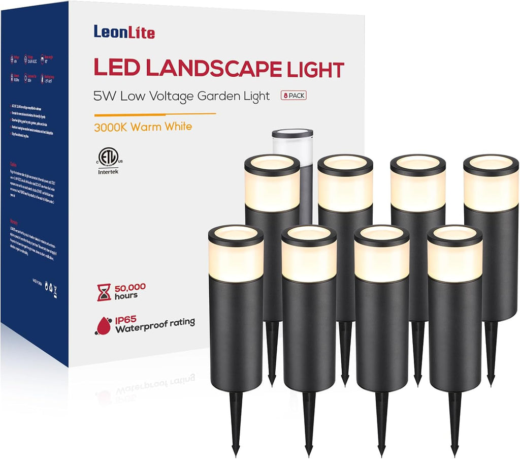 LEONLITE 8-Pack 5W LED Landscape Bollard Path Lighting, 12V-24V Low Voltage Landscape Lights, 3000K Warm White, Outdoor Pathway Light, Die-Cast Aluminum Housing