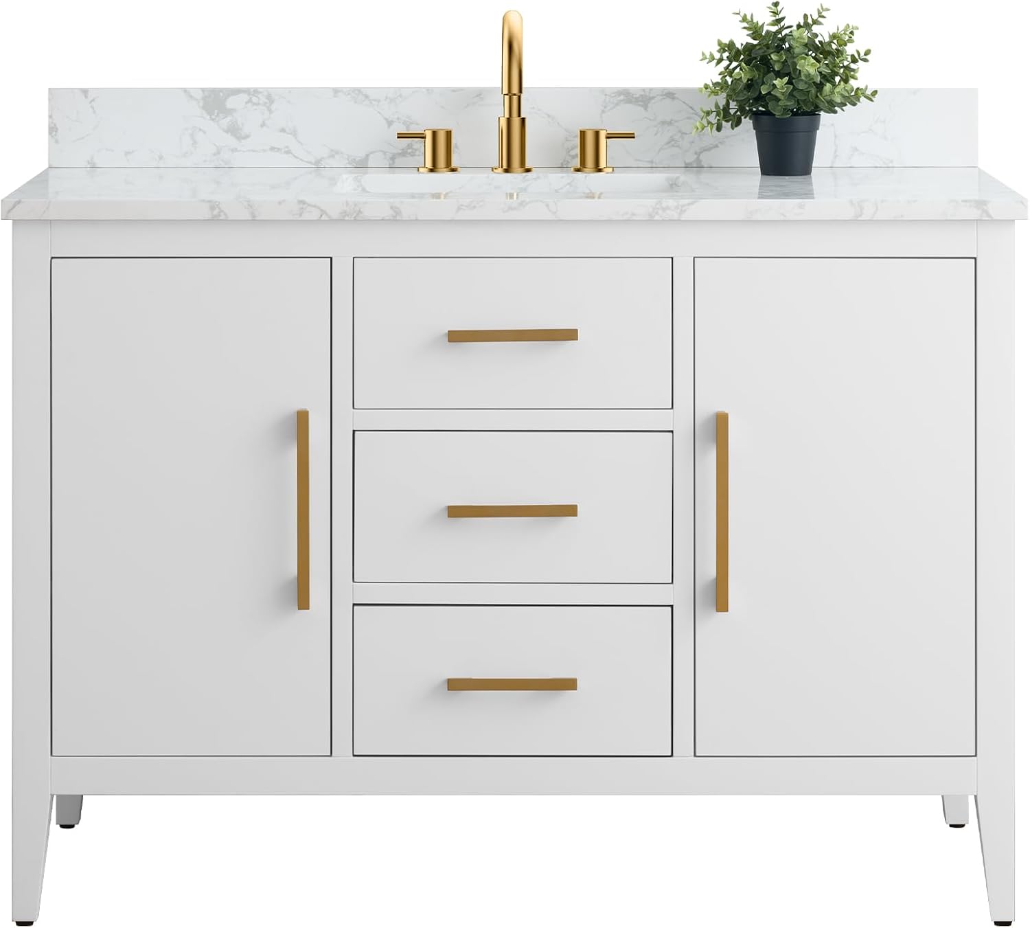 Vanity Art 48 inch Bathroom Vanity with Single Sink & Ceramic Top, Solid Wood, Vanity Cabinet with Soft-Closing Doors, Drawers, White, Golden Brushed Handware