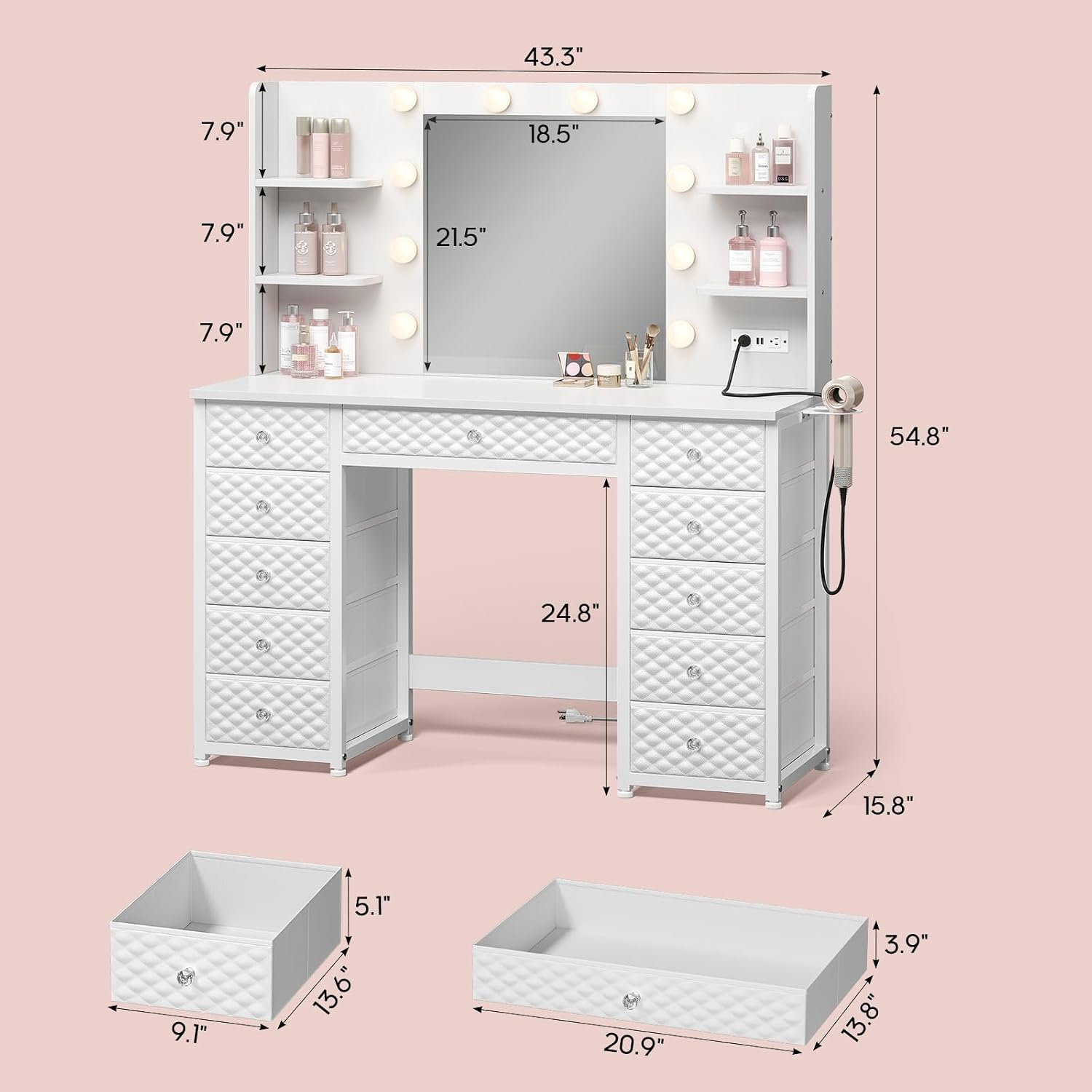 HAUOMS Vanity with Lights and Mirror, 11 Drawer Makeup Vanity with Power Strip, 6 Open Shelves, 43.3' Vanity Desk with Storage, Dressing Table with 3 Color Modes for Bedroom, Women, Girls (White)