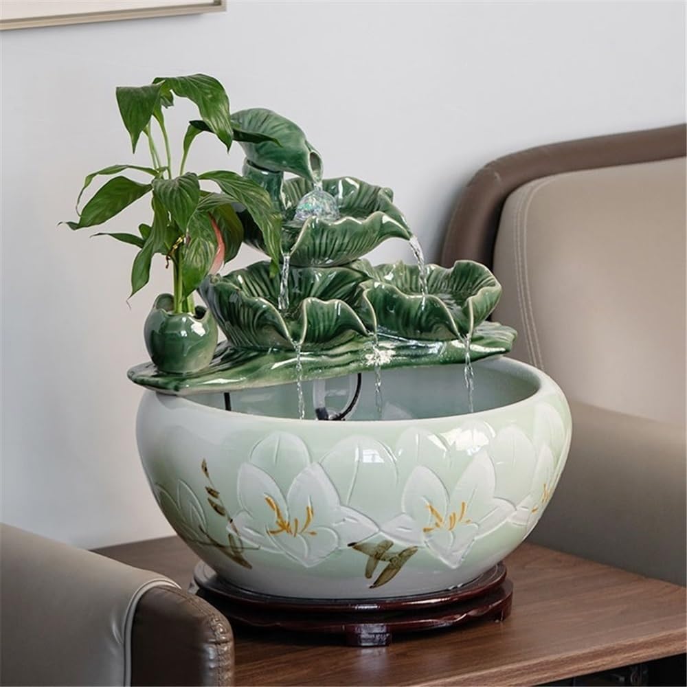 Indoor Waterfall Fountain Chinese-Style Ceramic Tabletop Fish Tank Tabletop Fountain Water Feature Office Decor,S