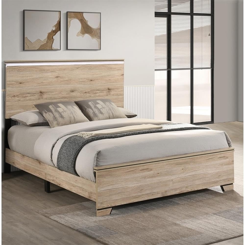 Best Quality Furniture Rustic Light Brown Oak Wood Queen Panel Bed Frame with LED Headboard