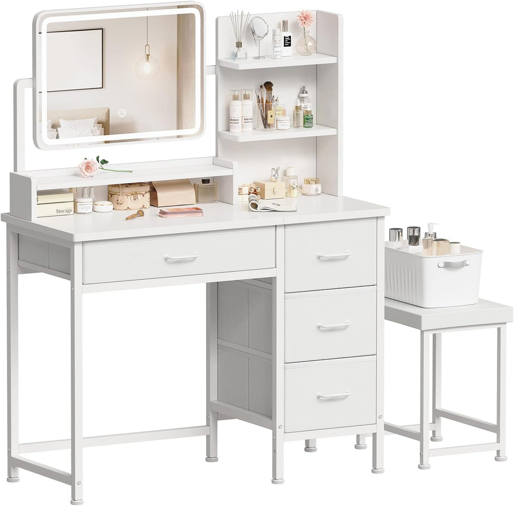 YeTom Vanity Desk with Mirror and Lights, Makeup Vanity Desk with 4 Fabric Drawers & Storage Shelves & Side Table, 3 Color Modes & Adjustable Brightness, White Vanity, Bedroom Furniture